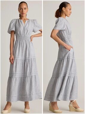 Quince 100% European Linen Tiered Maxi Dress White Blue Pinstripe NWT Medium